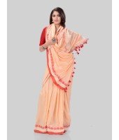 DESH BIDESH Women`s Traditional Bengali Tant Handloom Cotton Saree Royel Loveria Design With Blouse Piece (Cream Red)