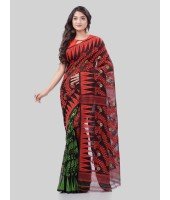 DESH BIDESH Women`s Tamarind Leaf Resham Dhakai Jamdani Bengal Pure Cotton Handloom Saree Whole Body Design without Blouse Piece(Red Green)