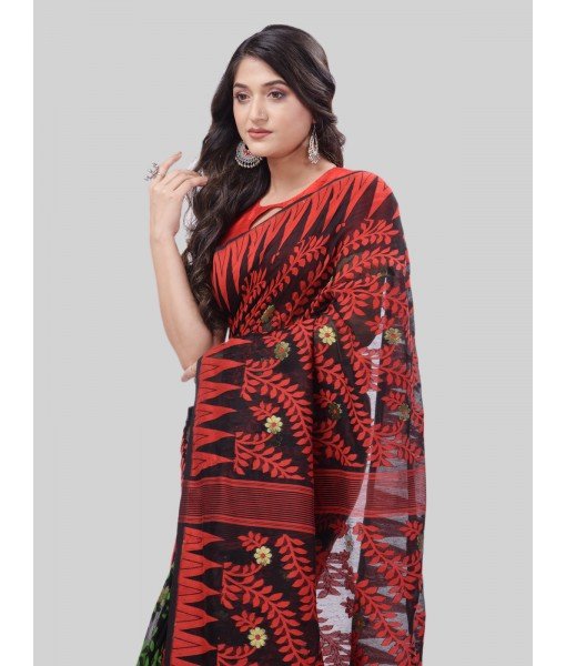 DESH BIDESH Women`s Tamarind Leaf Resham Dhakai Jamdani Bengal Pure Cotton Handloom Saree Whole Body Design without Blouse Piece(Red Green)