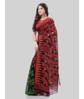 DESH BIDESH Women`s Tamarind Leaf Resham Dhakai Jamdani Bengal Pure Cotton Handloom Saree Whole Body Design without Blouse Piece(Red Green)