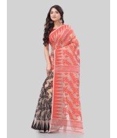 DESH BIDESH Women`s Tamarind Leaf Resham Dhakai Jamdani Bengal Pure Cotton Handloom Saree Whole Body Design without Blouse Piece (Red Black)