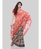 DESH BIDESH Women`s Tamarind Leaf Resham Dhakai Jamdani Bengal Pure Cotton Handloom Saree Whole Body Design without Blouse Piece (Red Black)