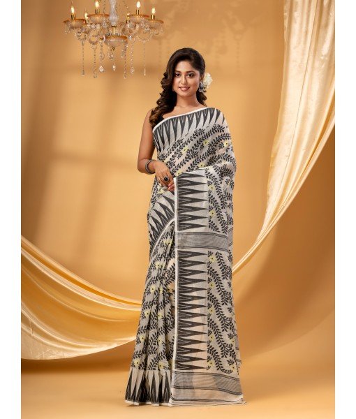  Traditional Tamarind Leaf Resham Dhakai Jamdani Pure Cotton Handloom Saree without Blouse Piece (White Black)