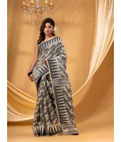  Traditional Tamarind Leaf Resham Dhakai Jamdani Pure Cotton Handloom Saree without Blouse Piece (White Black)