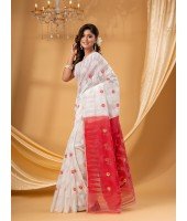  Traditional Tamarind Leaf Resham Dhakai Jamdani Pure Cotton Handloom Saree without Blouse Piece (White Red)