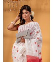  Traditional Tamarind Leaf Resham Dhakai Jamdani Pure Cotton Handloom Saree without Blouse Piece (White Red)