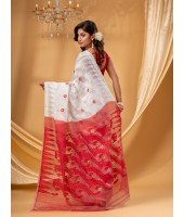  Traditional Tamarind Leaf Resham Dhakai Jamdani Pure Cotton Handloom Saree without Blouse Piece (White Red)