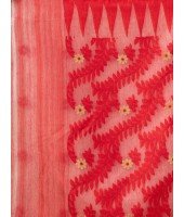  Traditional Tamarind Leaf Resham Dhakai Jamdani Pure Cotton Handloom Saree without Blouse Piece (White Red)