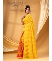 Traditional Tamarind Leaf Resham Dhakai Jamdani Pure Cotton Handloom Saree without Blouse Piece(Yellow Red)