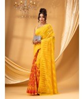 Traditional Tamarind Leaf Resham Dhakai Jamdani Pure Cotton Handloom Saree without Blouse Piece(Yellow Red)