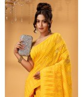 Traditional Tamarind Leaf Resham Dhakai Jamdani Pure Cotton Handloom Saree without Blouse Piece(Yellow Red)