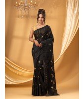 Traditional Tamarind Leaf Resham Dhakai Jamdani Pure Cotton Handloom Saree without Blouse Piece (Black)