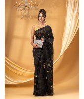 Traditional Tamarind Leaf Resham Dhakai Jamdani Pure Cotton Handloom Saree without Blouse Piece (Black)