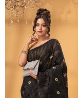 Traditional Tamarind Leaf Resham Dhakai Jamdani Pure Cotton Handloom Saree without Blouse Piece (Black)