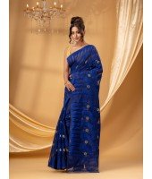 mTraditional Tamarind Leaf Resham Dhakai Jamdani Pure Cotton Handloom Saree without Blouse Piece (deep Blue)