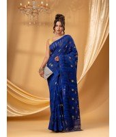 mTraditional Tamarind Leaf Resham Dhakai Jamdani Pure Cotton Handloom Saree without Blouse Piece (deep Blue)