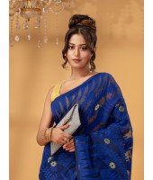 mTraditional Tamarind Leaf Resham Dhakai Jamdani Pure Cotton Handloom Saree without Blouse Piece (deep Blue)