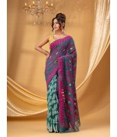 Tamarind Leaf Resham Dhakai Jamdani Pure Cotton Handloom Saree without Blouse Piece (Firoza Pink)