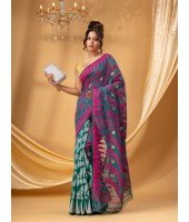 Tamarind Leaf Resham Dhakai Jamdani Pure Cotton Handloom Saree without Blouse Piece (Firoza Pink)