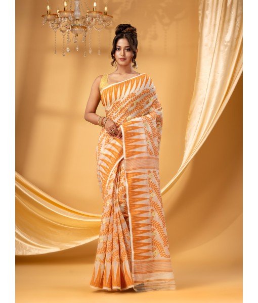 Tamarind Leaf Resham Dhakai Jamdani Pure Cotton Handloom Saree without Blouse Piece(Off Orange)