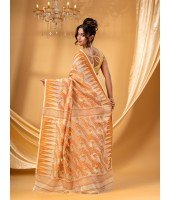 Tamarind Leaf Resham Dhakai Jamdani Pure Cotton Handloom Saree without Blouse Piece(Off Orange)