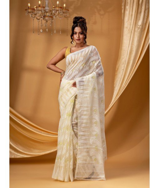 Traditional Tamarind Leaf Resham Dhakai Jamdani Pure Cotton Handloom Saree without Blouse Piece( Off White)