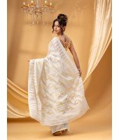 Traditional Tamarind Leaf Resham Dhakai Jamdani Pure Cotton Handloom Saree without Blouse Piece( Off White)