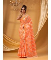 Traditional Tamarind Leaf Resham Dhakai Jamdani Pure Cotton Handloom Saree without Blouse Piece (Orange)