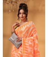 Traditional Tamarind Leaf Resham Dhakai Jamdani Pure Cotton Handloom Saree without Blouse Piece (Orange)