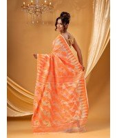 Traditional Tamarind Leaf Resham Dhakai Jamdani Pure Cotton Handloom Saree without Blouse Piece (Orange)