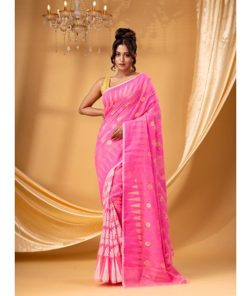 Tamarind Leaf Resham Dhakai Jamdani Pure Cotton Handloom Saree Whole Body Design without Blouse Piece(Pink)