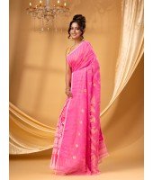 Tamarind Leaf Resham Dhakai Jamdani Pure Cotton Handloom Saree Whole Body Design without Blouse Piece(Pink)