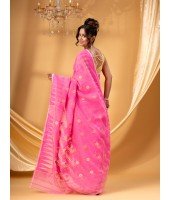 Tamarind Leaf Resham Dhakai Jamdani Pure Cotton Handloom Saree Whole Body Design without Blouse Piece(Pink)