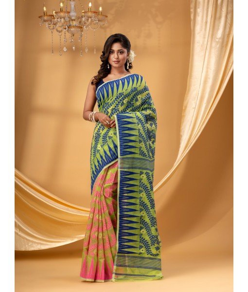  Tamarind Leaf Resham Dhakai Jamdani Pure Cotton Handloom Saree Whole Body Design without Blouse Piece(Pink Blue yellow)