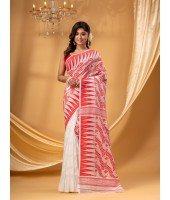 Traditional Tamarind Leaf Resham Dhakai Jamdani Pure Cotton Handloom Saree without Blouse Piece (Red White)