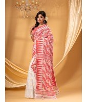 Traditional Tamarind Leaf Resham Dhakai Jamdani Pure Cotton Handloom Saree without Blouse Piece (Red White)