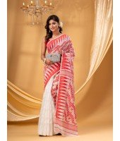 Traditional Tamarind Leaf Resham Dhakai Jamdani Pure Cotton Handloom Saree without Blouse Piece (Red White)