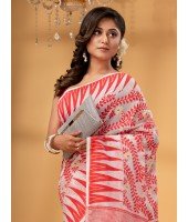 Traditional Tamarind Leaf Resham Dhakai Jamdani Pure Cotton Handloom Saree without Blouse Piece (Red White)