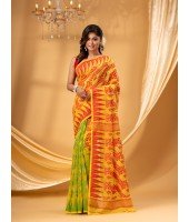 Tamarind Leaf Resham Dhakai Jamdani Bengal Pure Cotton Handloom Saree Whole Body Design without Blouse Piece(Red Yellow Green)