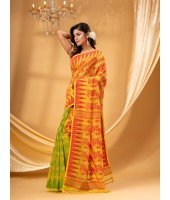 Tamarind Leaf Resham Dhakai Jamdani Bengal Pure Cotton Handloom Saree Whole Body Design without Blouse Piece(Red Yellow Green)