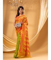 Tamarind Leaf Resham Dhakai Jamdani Bengal Pure Cotton Handloom Saree Whole Body Design without Blouse Piece(Red Yellow Green)