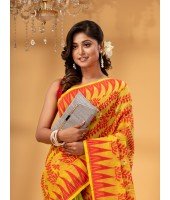 Tamarind Leaf Resham Dhakai Jamdani Bengal Pure Cotton Handloom Saree Whole Body Design without Blouse Piece(Red Yellow Green)