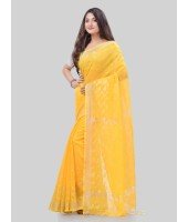 DESH BIDESH Women`s Tant Cotton Silk Handloom Cotton Saree Flowting Leaves Work With Blouse Piece(Yellow)