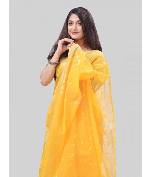 DESH BIDESH Women`s Tant Cotton Silk Handloom Cotton Saree Flowting Leaves Work With Blouse Piece(Yellow)