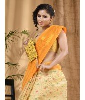  Bengal Tant Jamdani Printed Handloom Cotton Saree Without Blouse Piece (Yellow)