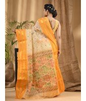  Bengal Tant Jamdani Printed Handloom Cotton Saree Without Blouse Piece (Yellow)