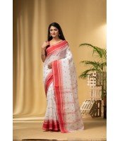  Tant Pure Handloom Cotton Saree Woven Temple Ball Design Without Blouse Piece (White Red)