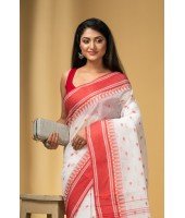  Tant Pure Handloom Cotton Saree Woven Temple Ball Design Without Blouse Piece (White Red)