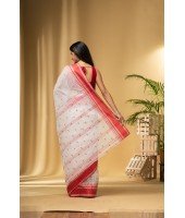  Tant Pure Handloom Cotton Saree Woven Temple Ball Design Without Blouse Piece (White Red)