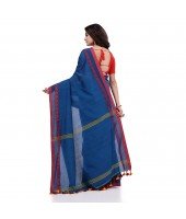 Women`s Traditional Bengali Tant Handloom Cotton Saree Loveria Design With Blouse Piece(Blue)